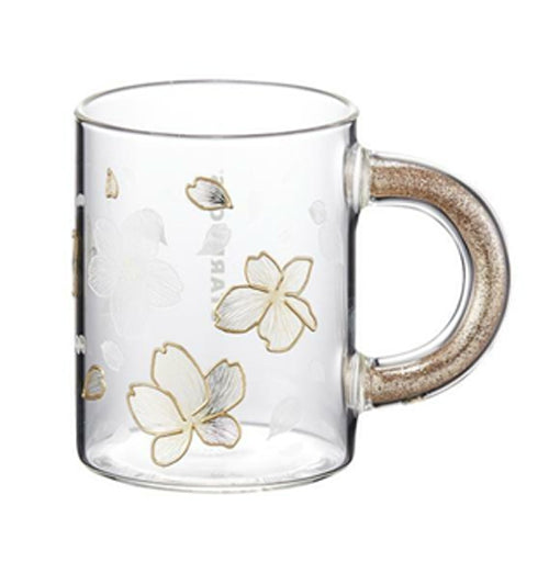 Starbucks Gold Glitter Cup 2022 Cherry Blossom Handle Glass 355ml