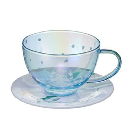Starbucks Blue Glass Cup Cherry Blossom 2022 Ceramic Saucer 237ml