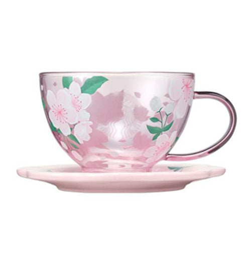 Starbucks Cherry Blossom 2022 Korea Pink Glass Mug Ceramic Saucer 237ml